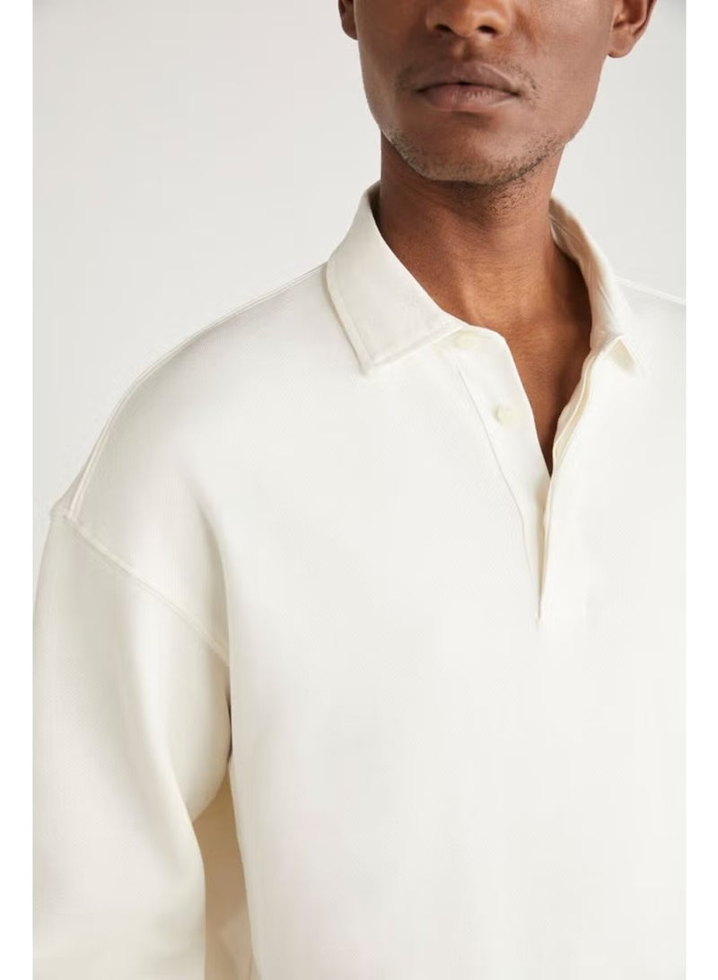 GRIMELANGE JOHN Men's Polo Sweat Shirt Collar Long Back Slit Diagonal Fabric Vanilla Sweatshirt - Image 5